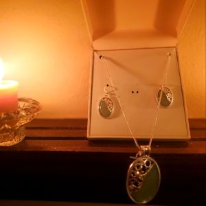 Kim Roger Statement Necklace NIB silver tone Ocean Green Pendant & Earrings SET